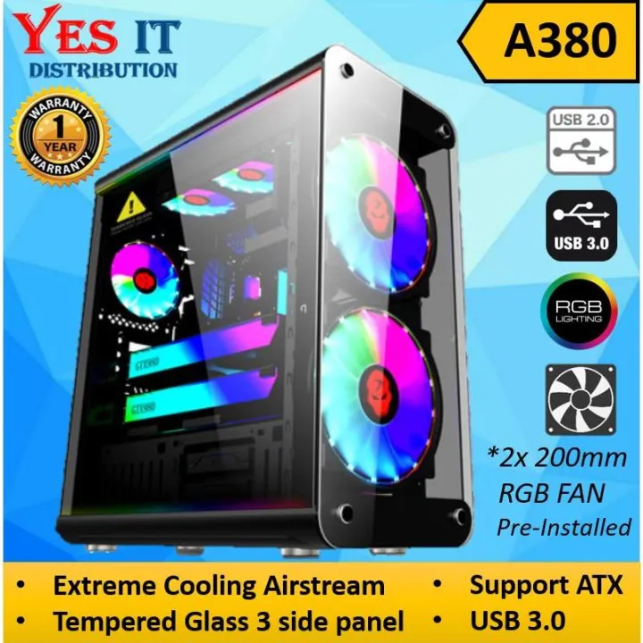 A380 Full ATX Gaming PC Desktop Casing (Tempered Glass Side Panel) with PRE-INSTALLED 2 200mm RGB FAN & LED Strips