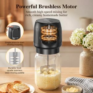 GJURD High Speed Motor Electric Butter Blender Transparent Glass Jar Large Capacity Automatic Butter Mixer Bottle Butter Stirring Tool Efficient Electric Egg Whisk Homemade Butter