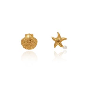 Starfish Sea Shell Pearl Silver Gold Stud Earrings 18K Gold Plated • 316L Stainless Titanium Steel Waterproof Non-Tarnish Hypoallergenic Fashion Earring For Women ER374
