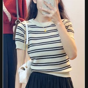 Summer Casual Striped Knit Top Womens Round Neck Short Sleeved T-shirt