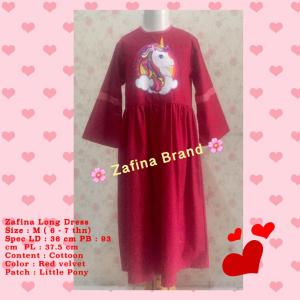 Zafina Long Dress Red Velvet size M usia 6 - 7 tahun dengan Patch Litle Pony bahan katun halus