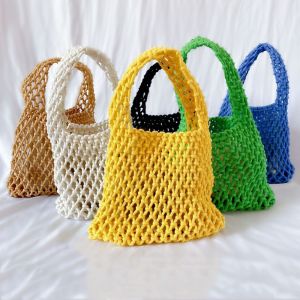KGAA40 Màu đơn sắc Túi Tote Dệt Tay Đầy màu sắc Mùa hè Túi đi biển đan móc Đan bện Túi xách rỗng ruột Quà tặng
