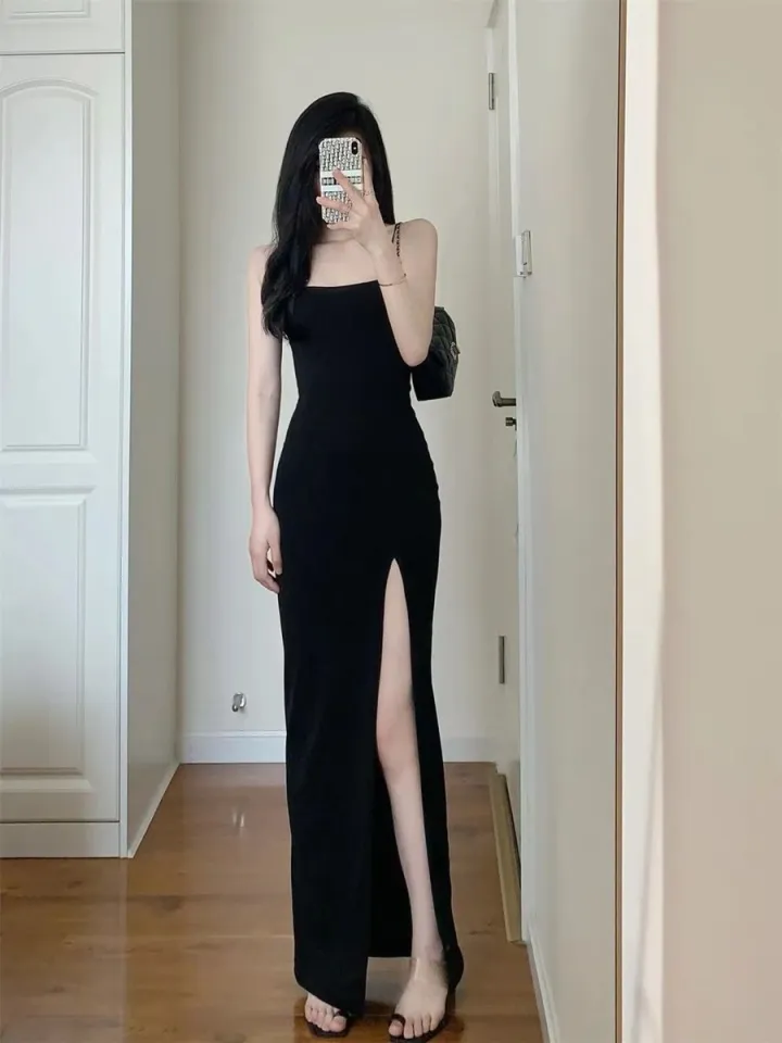 Hug Me Bear Shop Fashion Dress Women Korean Style Plus Size R Chic Black  High-end Sweet And Spicy Sexy Split Long Suspender Dress Female Royal  Sister Long Dress Women