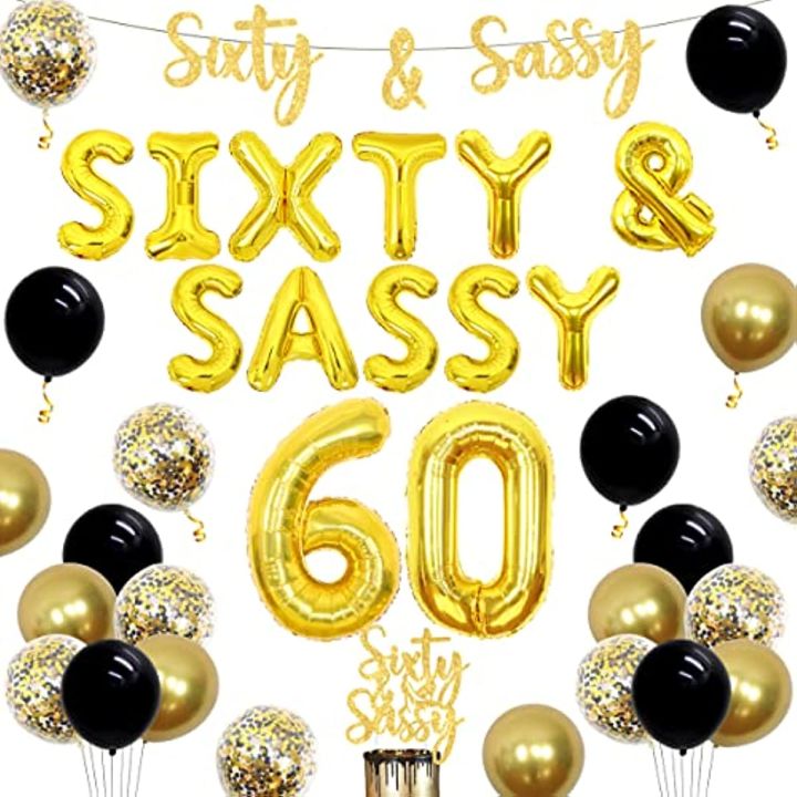 Cheereveal Black Gold Happy 60th Birthday Decoration Women Sixty and Sassy Birthday Decorations Balloon Banner Cake Topper Funny 60th Birthday Decorations Number 60 Foil Balloons