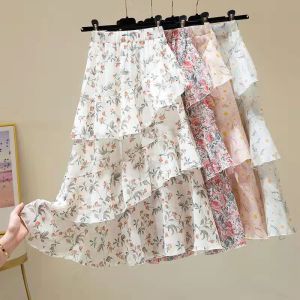 Summer Floral Print Ruffles Midi Chiffon Skirt Elegant Korean High Waist Pleated Long Skirt Casual Beach Party Maxi Cake Skirts