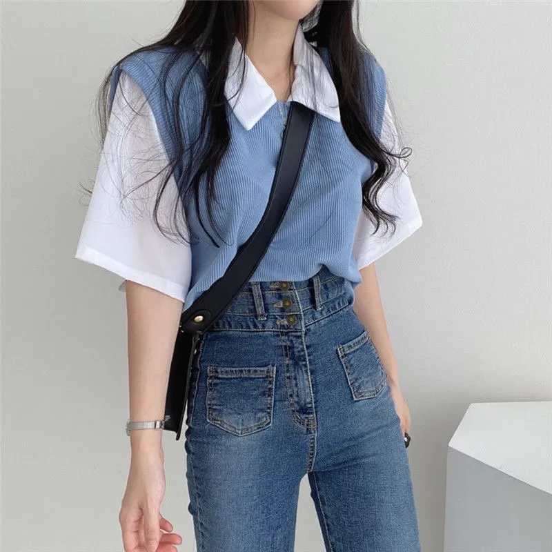 🦋 VEVE Korean Style Vest polo shirt Collar Fake 2in1 Women's Loose Casual  new fashion tshirt top