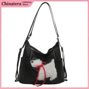 Mens Casual PU Leather Crossbody Bag Featuring Plush Puppy Design Lightweight Travel Shoulder Bag