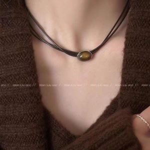 Corinna Leather Tiger Eye Stone Necklace Women Retro Sweater Chain Light Luxury Niche Collarbone Chain