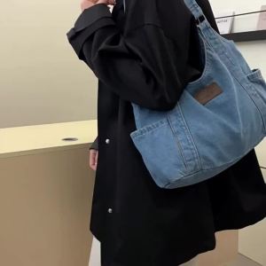 AE Japanese-style denim shoulder bag for women high-end large-capacity shopping tote bag casual versatile backpack with a relaxed vibe