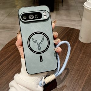Cartoon Deer Leather Case for Google Pixel 9A 9 10 Pro XL 8 7 Wristband Lanyard Wireless Charger Cover for Pixel 8A