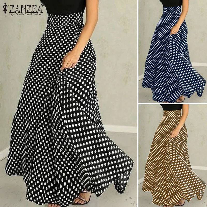 Esolo ZANZEA Korean Style Women High Waisted Polka Dot Maxi Skirt Party  Casual Office Loose Skirts Dress KRS #15 - Main Image