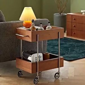 UrbanSpace SG- Solid Wood Trolley Living Room Sofa Home Multi-layer Storage Cabinet Storage Hand Push Mobile Snack Rack Ancient Style Side Table