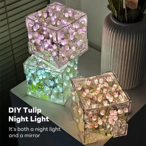 Magic Cube Tulip Night Light DIY Tulip Flower Sea Mirror Lamp Decorative Gifts for Birthday Holiday