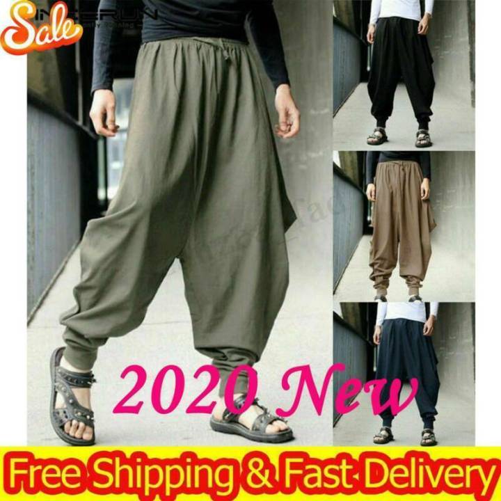 Men's Autumn Harem Trousers Cotton Linen Hippy Hakama Baggy