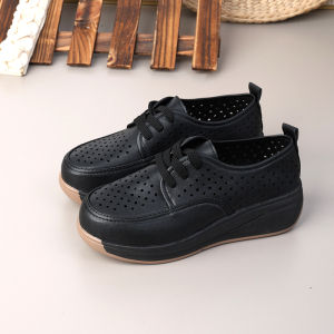 Round Toe Hollowed Out Leather Womens Wedge Shoes 4cm Thick Sole Lace Up Breathable and Comfortable Casual Shoes