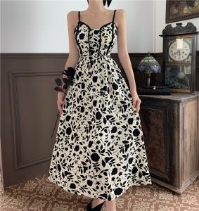 French Vintage Black Rose Print Hepburn Style Design Sense Fashion Dress Womens Summer Strap Long Skirt