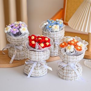 Finished Crochet Flowers Bouquet Knitting Flower Bouquets Wedding Home Decoration Graduation Bouquet Valentines Day Gift