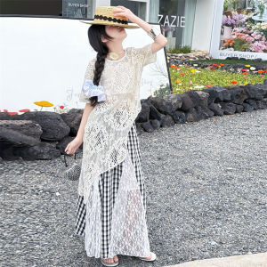 New Fashion Teenager Girls Clothing Sets Irregular Top and Long Plaid Skirt Lace 2Pcs Children Outfits for Summer Vacation Style h260702