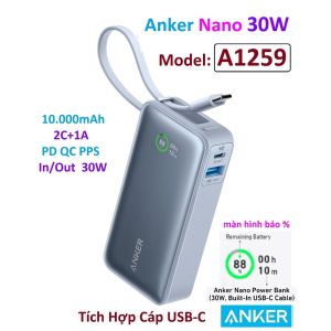 Pin Dự Phòng Anker Nano A1259 10.000mAh Công Suất 30W - Tích Hợp Cáp Sạc USB - C