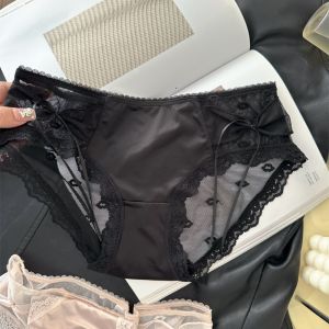 ชุดชั้นในผ้าซาตินลูกไม้หรูหราฝรั่งเศส สำหรับผู้หญิง เซ็กซี่ 24 ใหม่ กางเกงในสำหรับสาววัยรุ่น เอวกลาง-ต่ำ มีโบว์หวาน