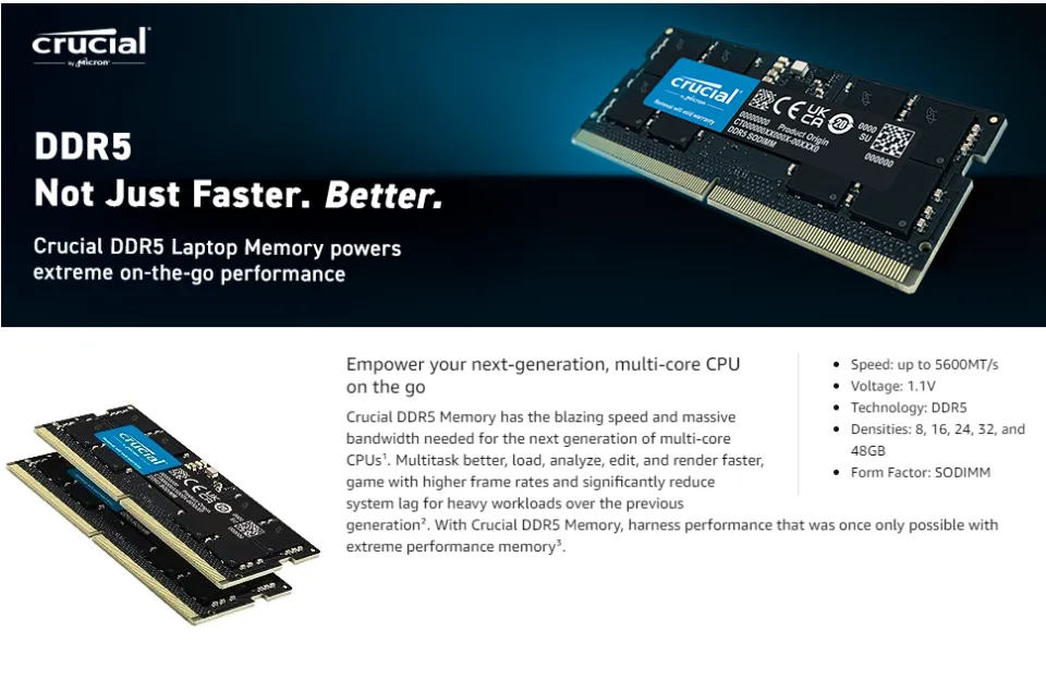 Crucial RAM 32GB DDR5 5200mhz 5200MT/s Laptop Memory SODIMM