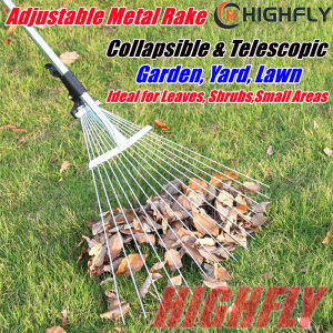 Adjustable Metal Rake - Collapsible & Telescopic - Garden Yard & Lawn - Ideal for Leaves Shrubs & Small Areas