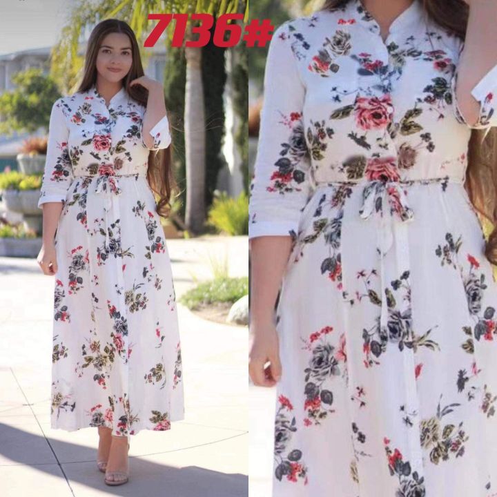 Womens Casual Formal Plus Size Dress White Floral Printed Maxi Korean Fashion Bohemian Mandarin Collar 3 4 Sleeve Long Chiffon Dresses For Women Lazada PH