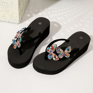 [Free Shipping] Plus-Size 2026 New Summer Wedge-Heeled Round-Toe Slip-On-Style Thick-Soled Solid-Color Rhinestone Sandals