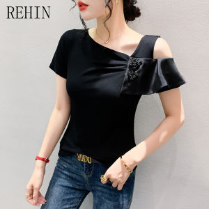 REHIN European style new trendy off-shoulder short-sleeved T-shirt for women with ruffled hem versatile and stylish top