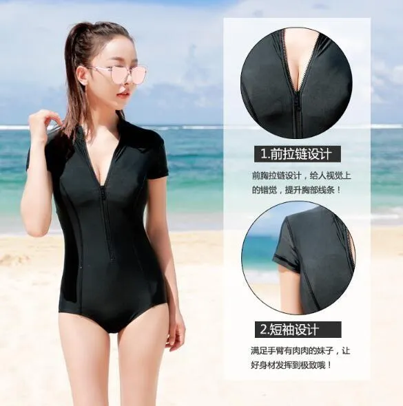 Tempt Me Black One Piece Swimsuits for Women Zip Front Rash Guard Short  Sleeve Tummy Control Surfing Sport Bathing Suits X-Small at  Women's  Clothing store