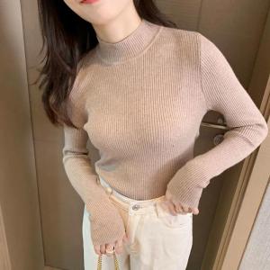 Womens Half High Collar Large Size Sweater Underlay Long Sleeve Knitwear Pullover with Slim Fit Tight Thread