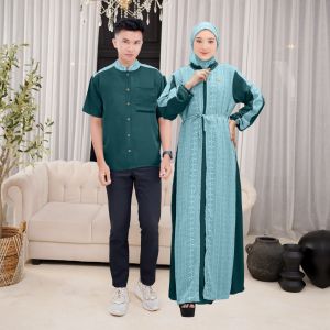Nada Set Couple Gamis Koko Sarimbit Kekinian - Gamis Couple Lebaran Motif + Hijab Pashmina - Demore