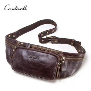 CONTACTS Genuine Leather Waist Pack For Men Casual Small Fanny Pack Male Waist BagsTravel Chest Bag Single Shoulder Phone Leather Bags