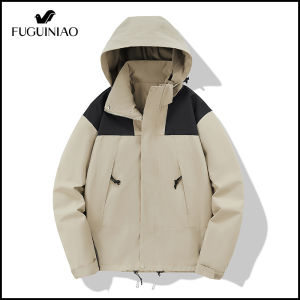FUGUINIAO 2023 Popular Mens Zipper Jacket Spring and Autumn Coat Waterproof and Windproof Mens Removable Hat