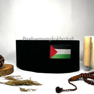 PROMO!!!!! Songkok peci hitam bordir logo bendera Palestina Palestine tinggi Normal (9 cm) + Ada Dus Setiap Peci