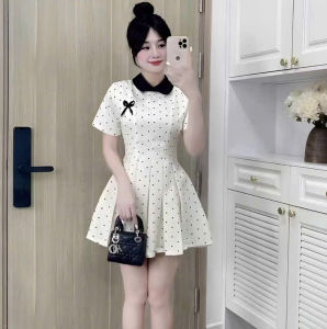 Đầm tiểu thư chấm bi vintage đầm xòe ngắn kiểu Hàn váy đi tiệc ngắn Mango chấm bi cổ sen đen nơ nhún eo sau kèm quần rời