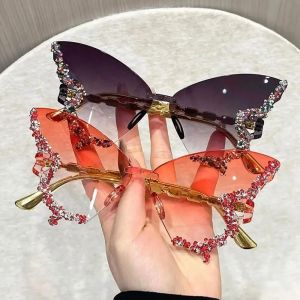 HUAGUES Vintage Style Butterfly Sunglasses UV Protection Luxury Design Cat Eye Eyewear Y2K Trend Rhinestone Decoration Rimless Sun Glasses Party Wear