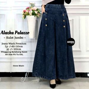 Alaska Celana Kulot Jeans Panjang Jins Jens Wanita Jumbo Hight Waist Payung Palazzo Kekinian Pinggang Karet Lp 85-110 P 100 Allsize