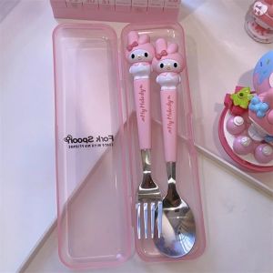 COD 2pcs/set Sanrio  Kuromi Fork Spoon Stainless Steel Student EatingTableware Accessories Portable