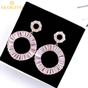 SEQUITO Temperament Irregular Big Round Drop with AAA CZ Crystal Pendant Earrings for 925 Sterling Silver Pins Women Statement Long Earing Jewellery Dress Accessories SE203