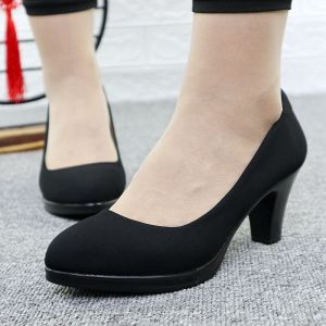 Free Shipping 2026 Spring/Autumn Waterproof Platform Black Stiletto Pumps Matte Finish Formal Round-Toe Mid-Heel Professional Work Fashion WomenS Shoes