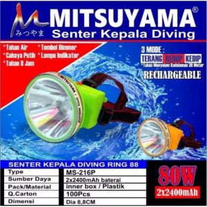 Senter Kepala Selam Diving 80 Watt Headlamp Mitsuyama MS-216P Cahaya Putih Original Super Terang