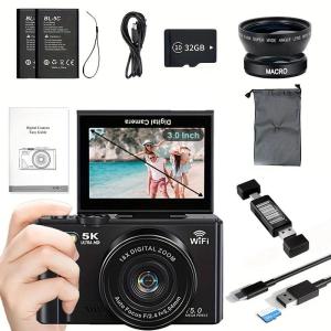 VETXI-08 Digital Camera 180 Degree Flip Screen Travel Camera 75MP 5K WiFi Auto Focus Vlogging Camera 18x Zoom for YouTube Photography with SD Card