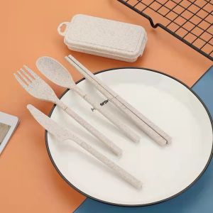 4pcs Set Reusable Folding Wheat Straw Chopstick Spoon Fork Knife Cutlery Set with Case