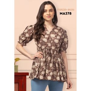 Madanikas Cotton Floral Short Kurti with V-Neck Collar & Puff Sleeves MA Series