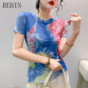 REHIN Womens T-shirts New Summer fashion mesh unique printed short-sleeved T-shirt round-neck Slim thin elegant trend tops