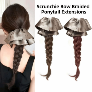 ERYRG Polka Dot Scrunchie Bow Braided Ponytail Extensions 18 Inch Handmade Thick Long Braid Hairpiece Elegant Fluffy Twist Braid Hairpiece for Women