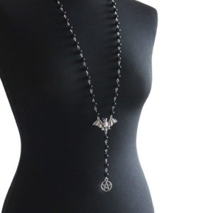 Gothic Halloween Rosary Necklace Gothic Silver Bat Pendant Pagan Pentagram Pendant Necklace for Women Men