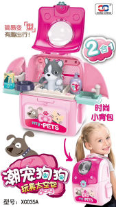 [MQLITTLESHOP] Kids Pet Cat Travel Carrier Bag Toy Backpack Bag Pretend Play Cat Dog Grooming Toy Set Groomer Set
