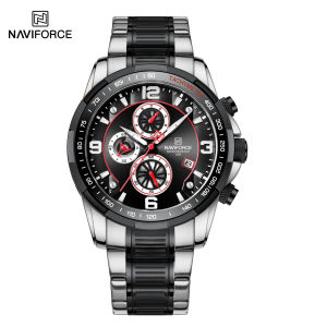 Navi Force Original Jam Tangan Pria Analog Tahan Air Quartz Chronograph Movement Stainless Steel NF 8020S S/B Analog Bisnis Kemewahan Tahan air Bercahaya